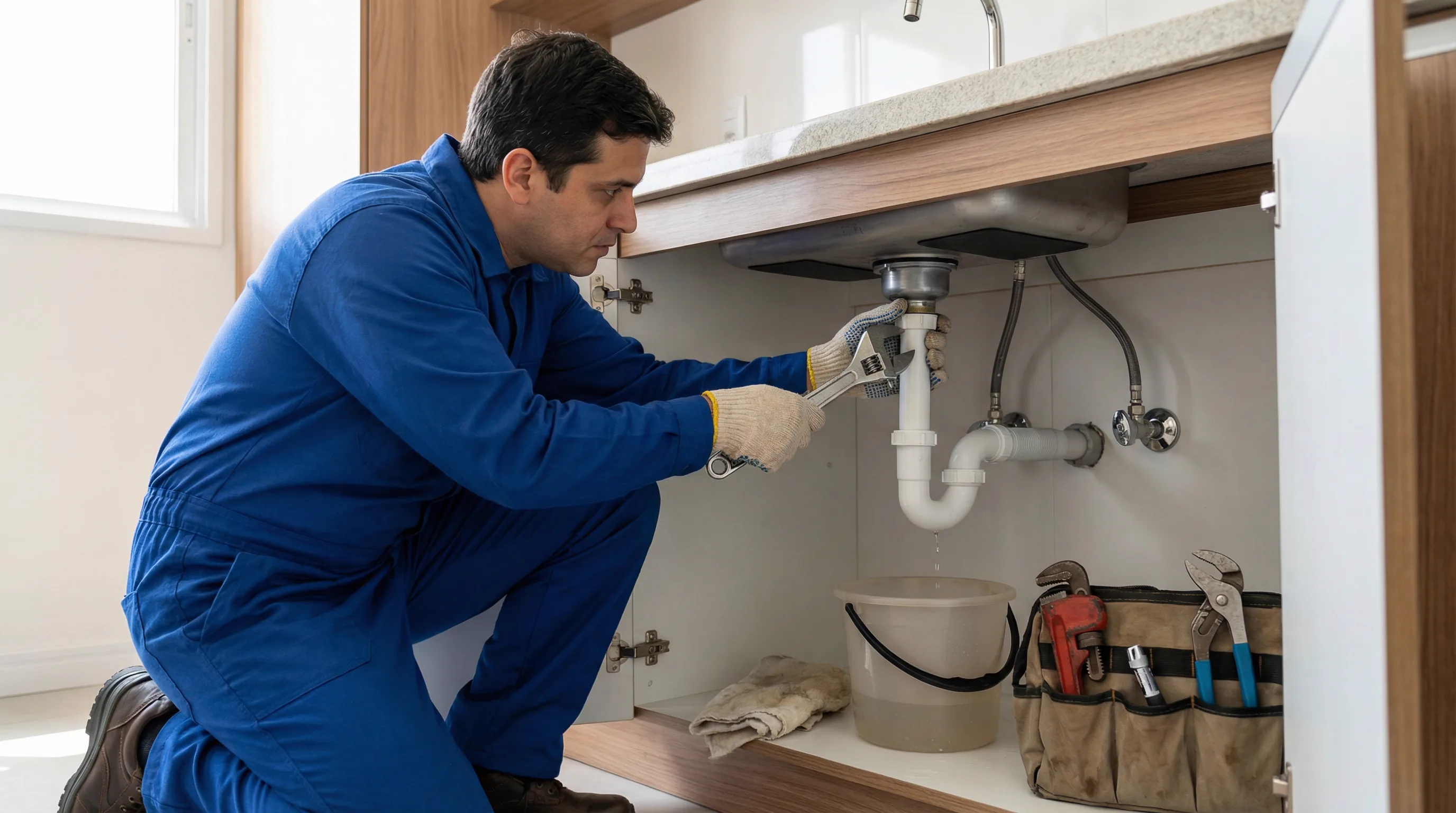Encanador profissional realizando inspeção hidráulica em residência em Belém-PA